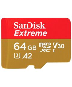 Карта памяти 64Gb SanDisk Extreme microSDXC Class 10 UHS-I U3 V30 A2 + SD адаптер, Производитель: SanDisk, Версия: Extreme, Объём памяти: 64 Гб, Комплектация: только карта