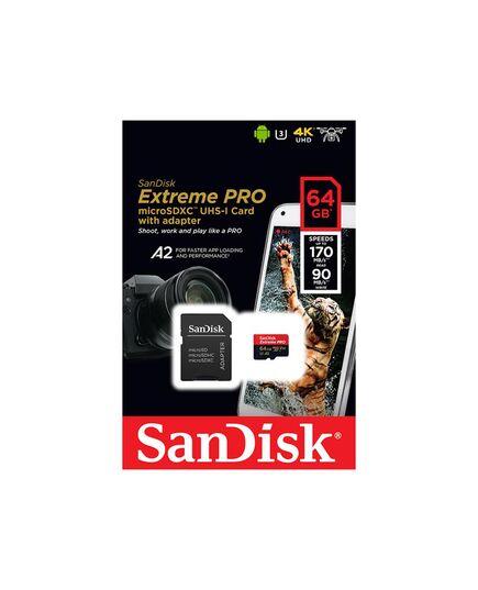 Карта памяти 64Gb SanDisk Extreme Pro microSDXC Class 10 UHS-I U3 V30 A2, Производитель: SanDisk, Версия: Extreme Pro, Объём памяти: 64 Гб, Комплектация: карта + SD адаптер, изображение 2