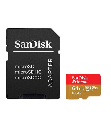 Карта памяти 64Gb SanDisk Extreme microSDXC Class 10 UHS-I U3 V30 A2 + SD адаптер, Производитель: SanDisk, Версия: Extreme, Объём памяти: 64 Гб, Комплектация: карта + SD адаптер