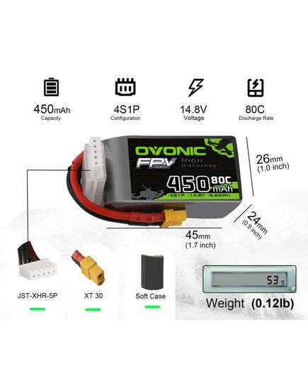 Аккумуляторы OVONIC 450мАч 4S 80C LiPo (XT30) (4 шт.), изображение 2