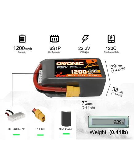 Аккумулятор OVONIC 1200мАч 6S 120C LiPo (XT60), изображение 3