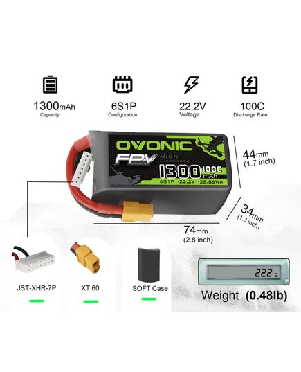 Аккумулятор OVONIC 1300мАч 6S 100C LiPo (XT60), изображение 2