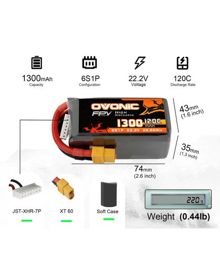 Аккумулятор OVONIC 1300мАч 6S 120C LiPo (XT60), изображение 2