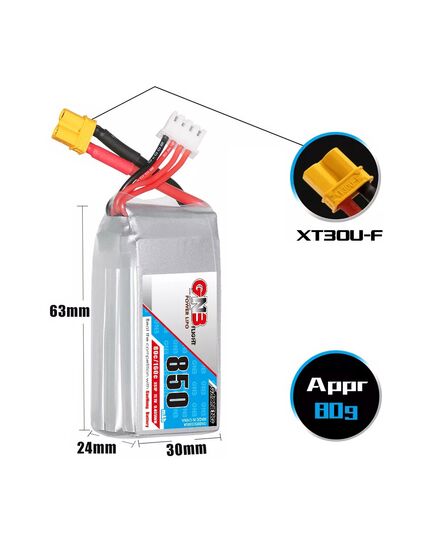 Аккумулятор GNB 850мАч 3S 80C LiPo (XT30), изображение 4