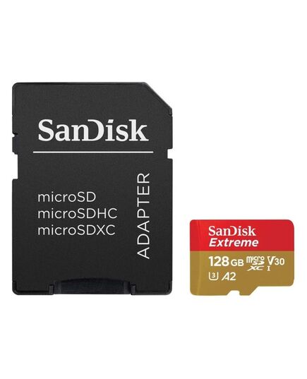 Карта памяти 128Gb SanDisk Extreme microSDXC Class 10 UHS-I U3 V30, Производитель: SanDisk, Версия: Extreme, Объём памяти: 128 Гб, Комплектация: карта + SD адаптер