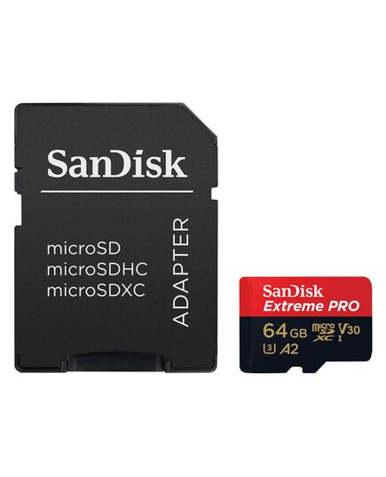 Карта памяти 64Gb SanDisk Extreme Pro microSDXC Class 10 UHS-I U3 V30 A2, Производитель: SanDisk, Версия: Extreme Pro, Объём памяти: 64 Гб, Комплектация: карта + SD адаптер